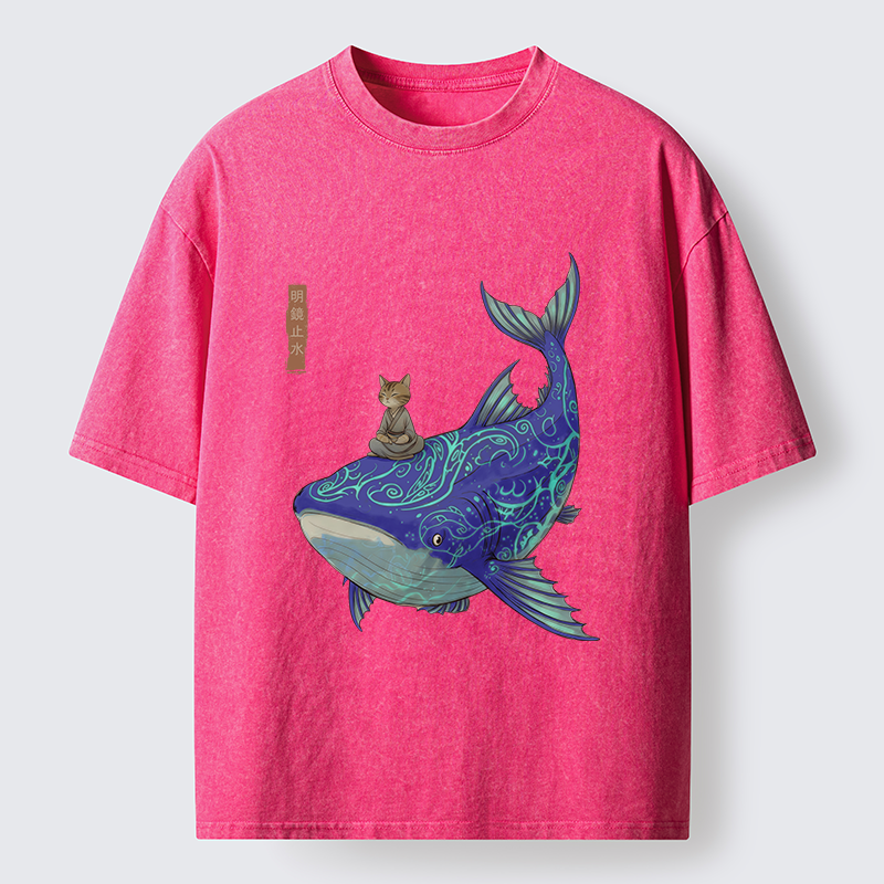 Tokyo-Tiger Cat Riding A Whale Washed T-Shirt
