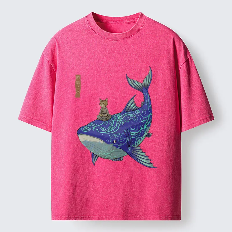 Tokyo-Tiger Cat Riding A Whale Washed T-Shirt