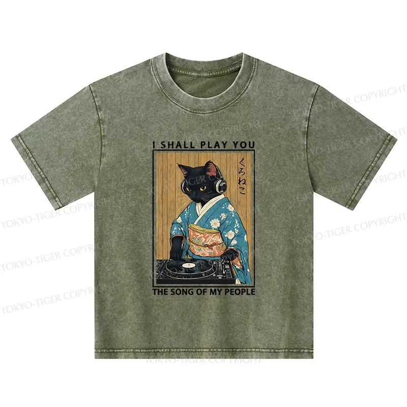 Tokyo-Tiger Funny Playing Music Black Cat Kids Washed T-Shirt