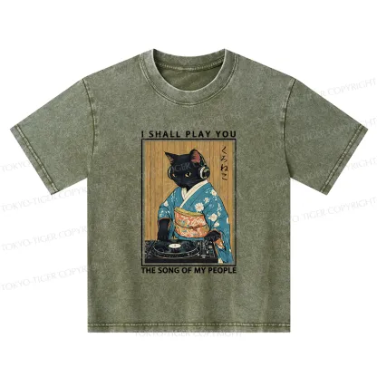 Tokyo-Tiger Funny Playing Music Black Cat Kids Washed T-Shirt