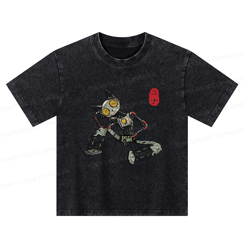Tokyo-Tiger Contemplative Robot Cat Kids Washed T-Shirt