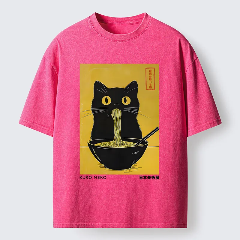 Tokyo-Tiger Black Cat Eats Ramen In Big Bites Washed T-Shirt