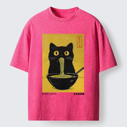 Tokyo-Tiger Black Cat Eats Ramen In Big Bites Washed T-Shirt