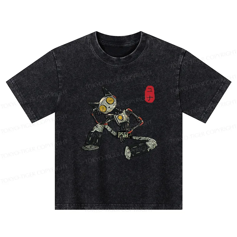 Tokyo-Tiger Contemplative Robot Cat Kids Washed T-Shirt