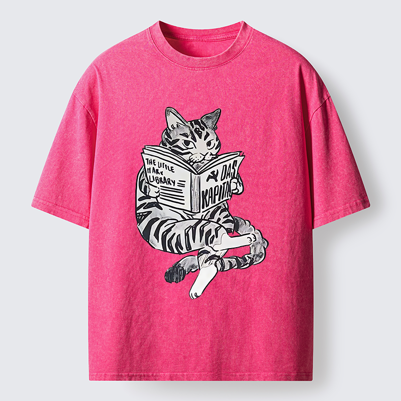 Tokyo-Tiger Cat Reading Books Washed T-Shirt