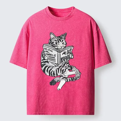 Tokyo-Tiger Cat Reading Books Washed T-Shirt