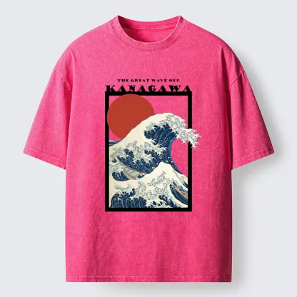 Tokyo-Tiger Minimalist Ukiyo-e Waves Washed T-Shirt