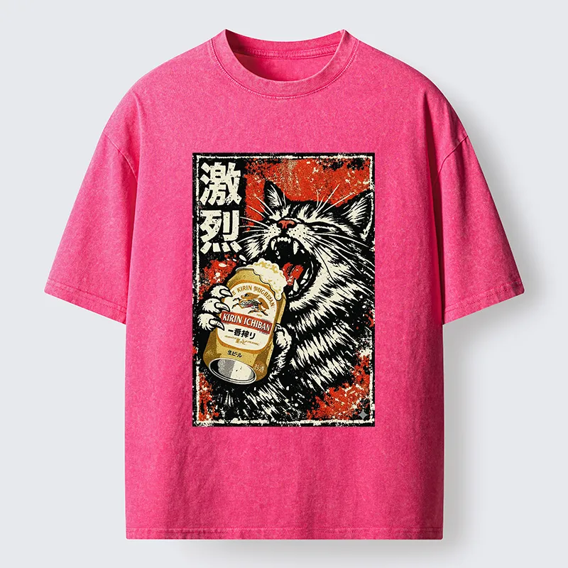 Tokyo-Tiger Cat Drinking Beer Washed T-Shirt