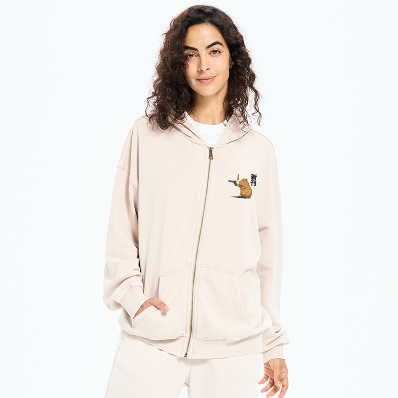 Tokyo-Tiger Capybara Holding A Gun Washed Zip Hoodie