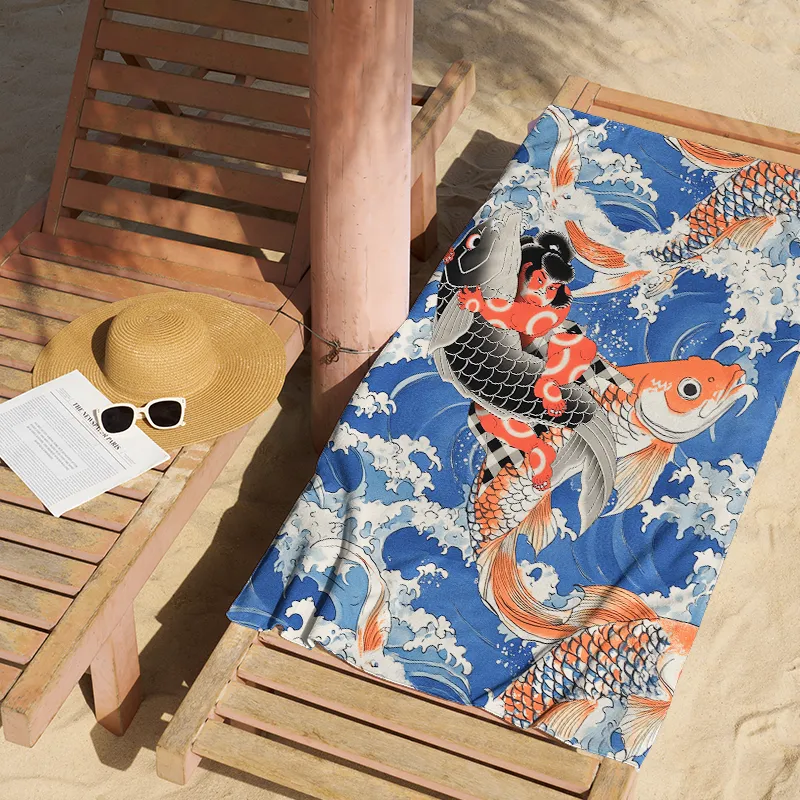 Tokyo-Tiger Sumo Wrestler Holding A Koi Beach Towel