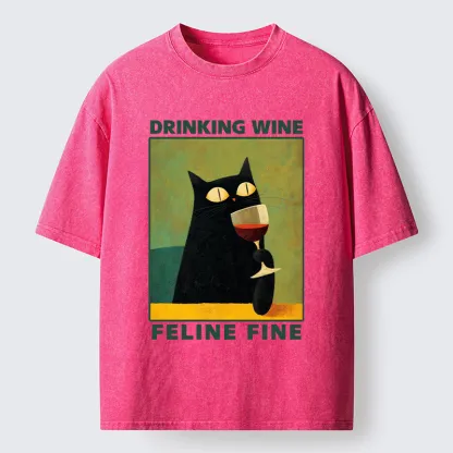 Tokyo-Tiger Drinking Wine Feline Wine Washed T-Shirt