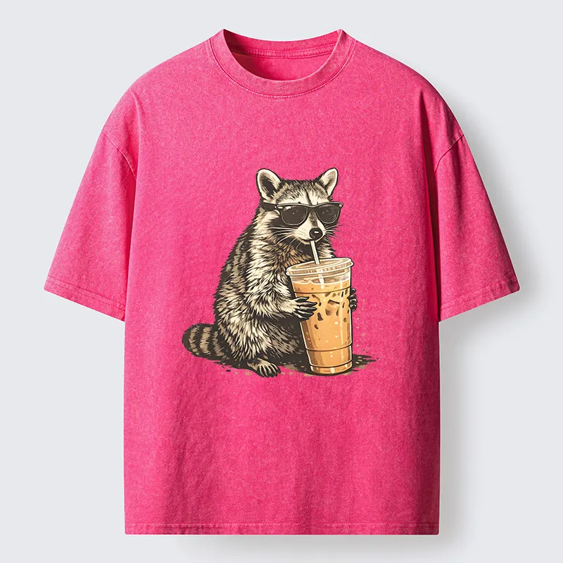 Tokyo-Tiger Raccoon Drinking Coffee FunnyWashed T-Shirt