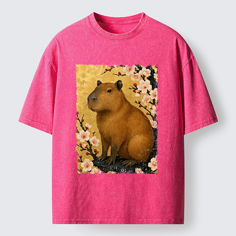Tokyo-Tiger Capybara And Sakura Washed T-Shirt