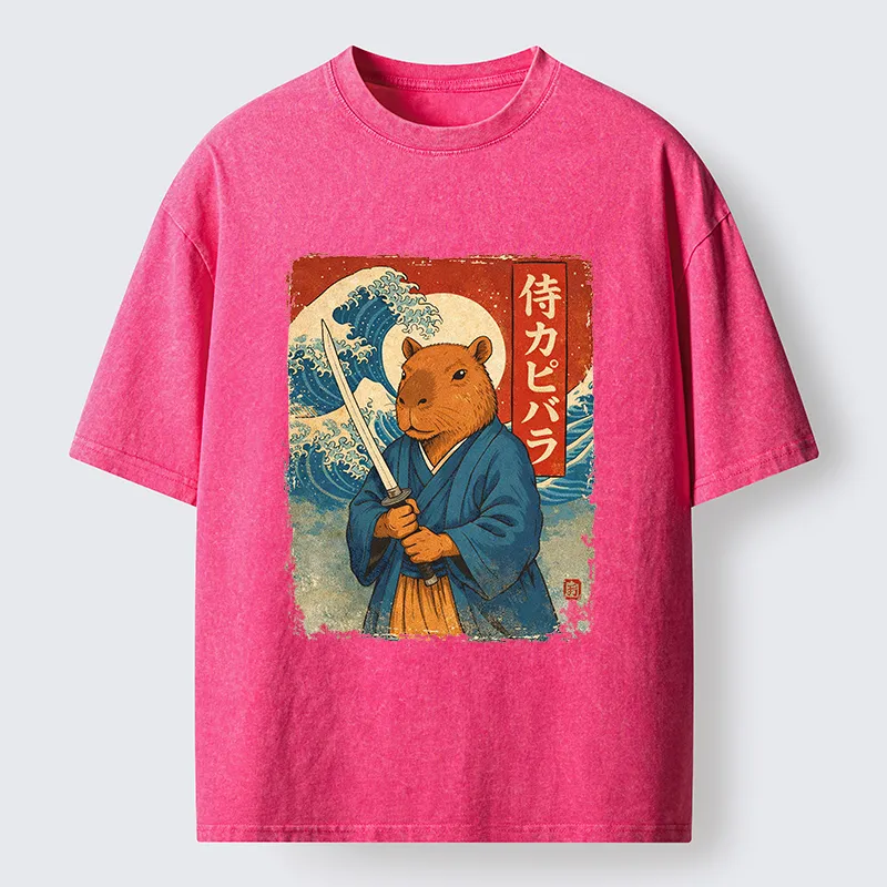 Tokyo-Tiger Capybara Japanese Samurai And Wave Washed T-Shirt