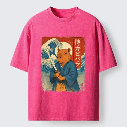 Tokyo-Tiger Capybara Japanese Samurai And Wave Washed T-Shirt