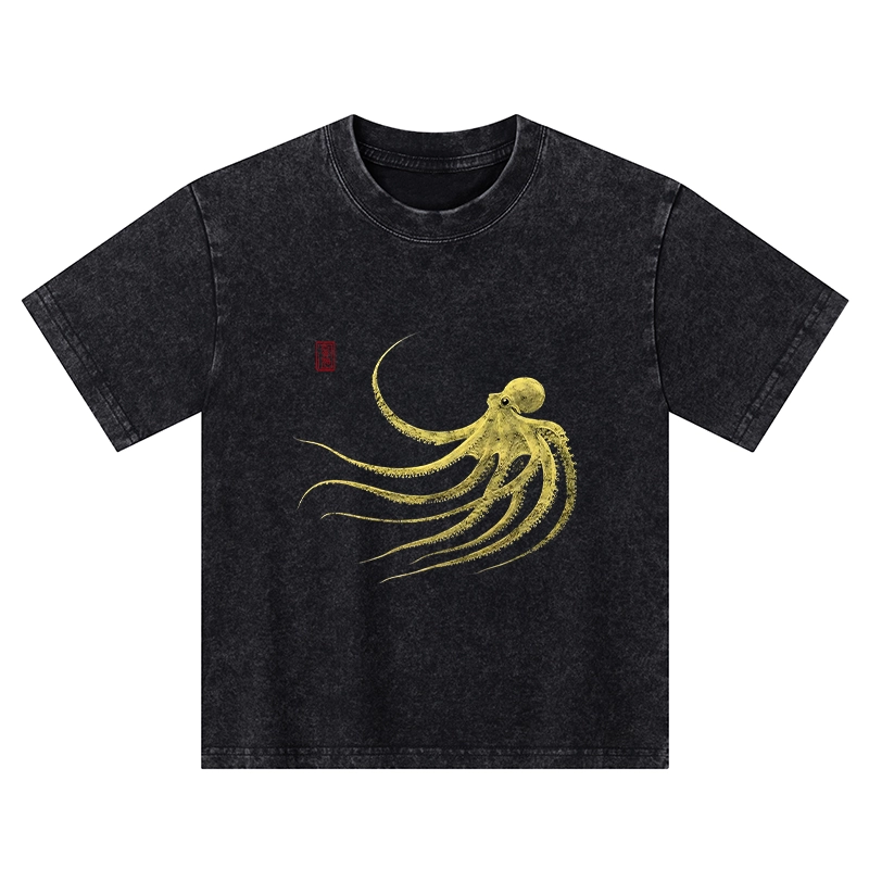 Tokyo-Tiger Retro Octopus Japanese Kids Washed T-Shirt