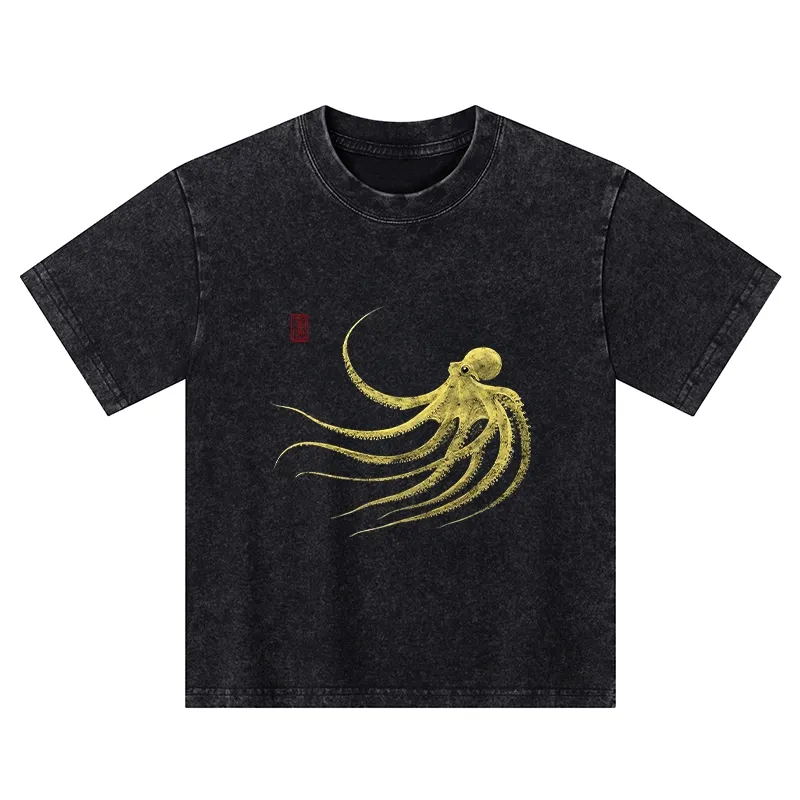 Tokyo-Tiger Retro Octopus Japanese Kids Washed T-Shirt