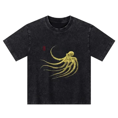 Tokyo-Tiger Retro Octopus Japanese Kids Washed T-Shirt