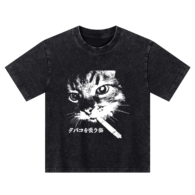 Tokyo-Tiger Retro Cat Smoking Kids Washed T-Shirt