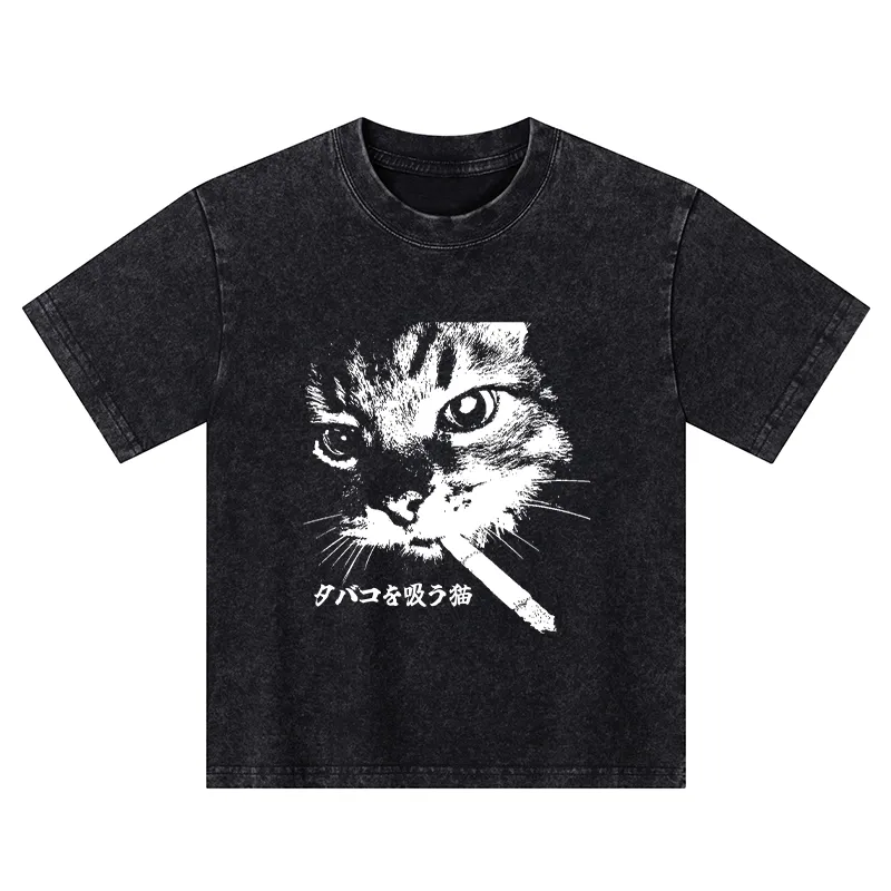 Tokyo-Tiger Retro Cat Smoking Kids Washed T-Shirt Sale