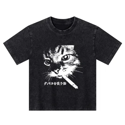 Tokyo-Tiger Retro Cat Smoking Kids Washed T-Shirt