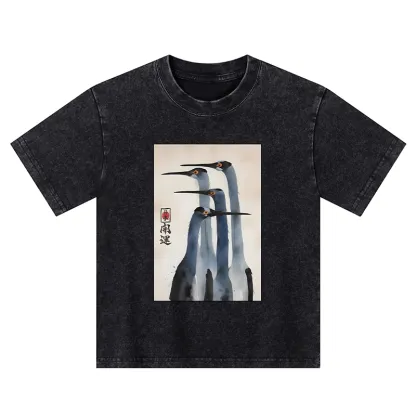 Tokyo-Tiger Retro Sandhill Crane Kids Washed T-Shirt