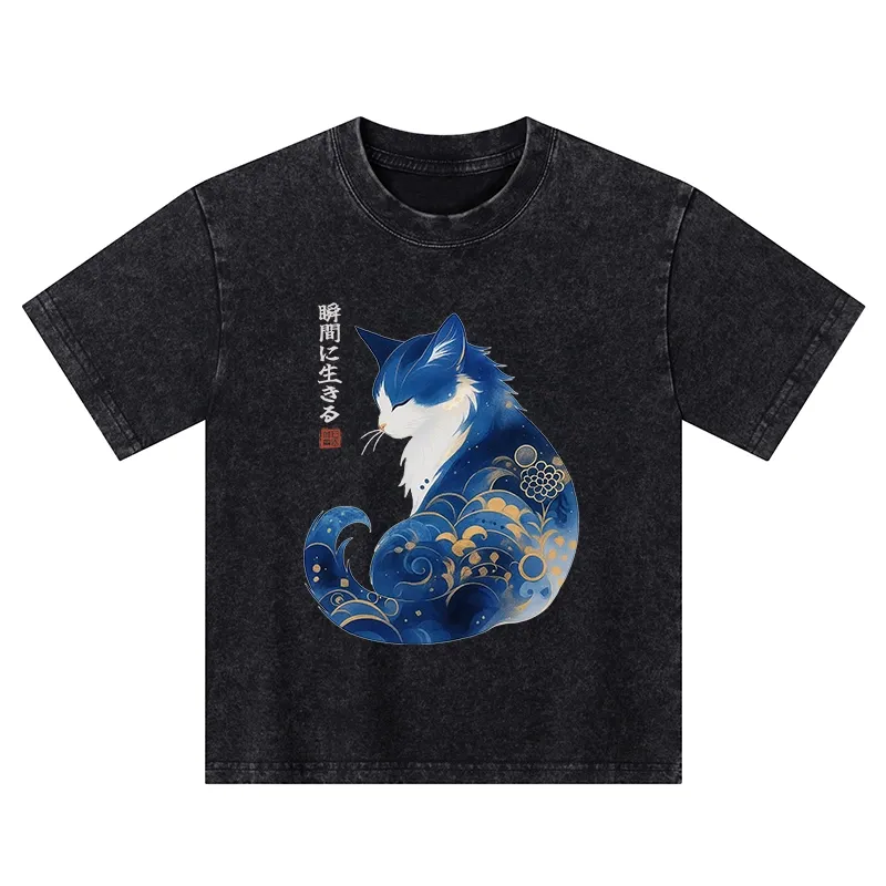 Tokyo-Tiger Retro Zen Cat: Living the Present Kids Washed T-Shirt
