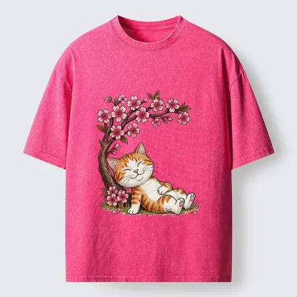 Tokyo-Tiger Cat Sleeps Under Sakura Washed T-Shirt