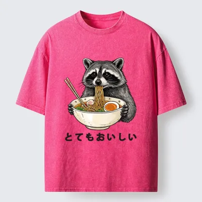Tokyo-Tiger Raccoon Eating A Big Bowl Of Ramen Washed T-Shirt