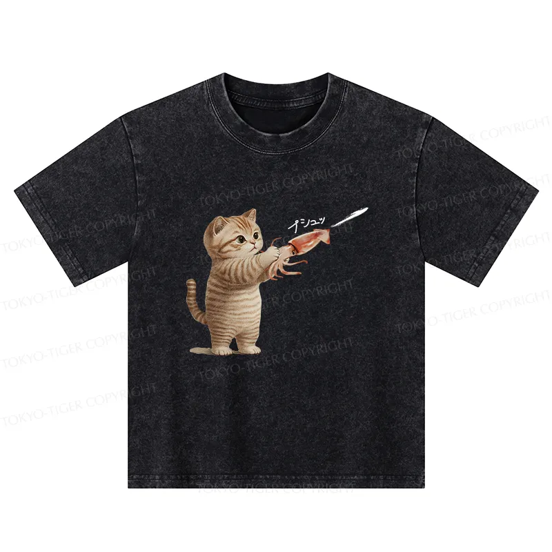 Tokyo-Tiger Funny Cat Shoots Squid Ink Washed T-Shirt
