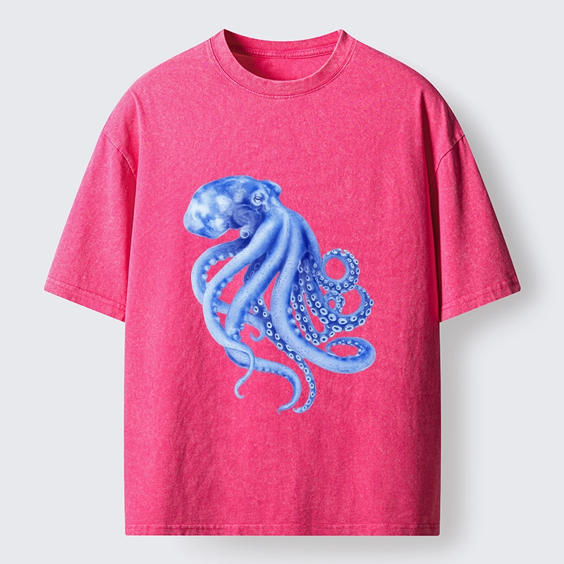 Tokyo-Tiger Retro Blue Octopus Washed T-Shirt