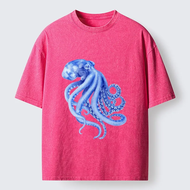 Tokyo-Tiger Retro Blue Octopus Washed T-Shirt