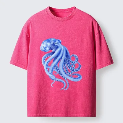 Tokyo-Tiger Retro Blue Octopus Washed T-Shirt
