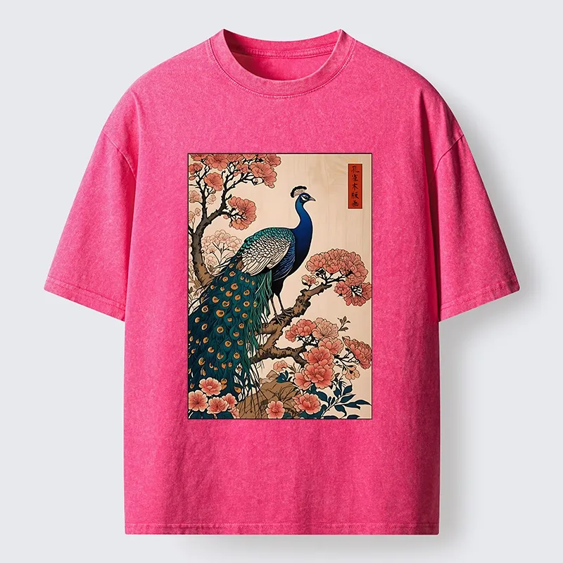 Tokyo-Tiger Vintage Peacock Woodblock Print Washed T-Shirt