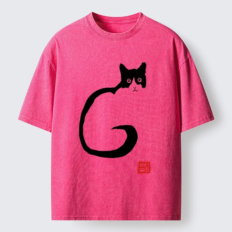 Tokyo-Tiger Calm Cat in Simple Lines Washed T-Shirt