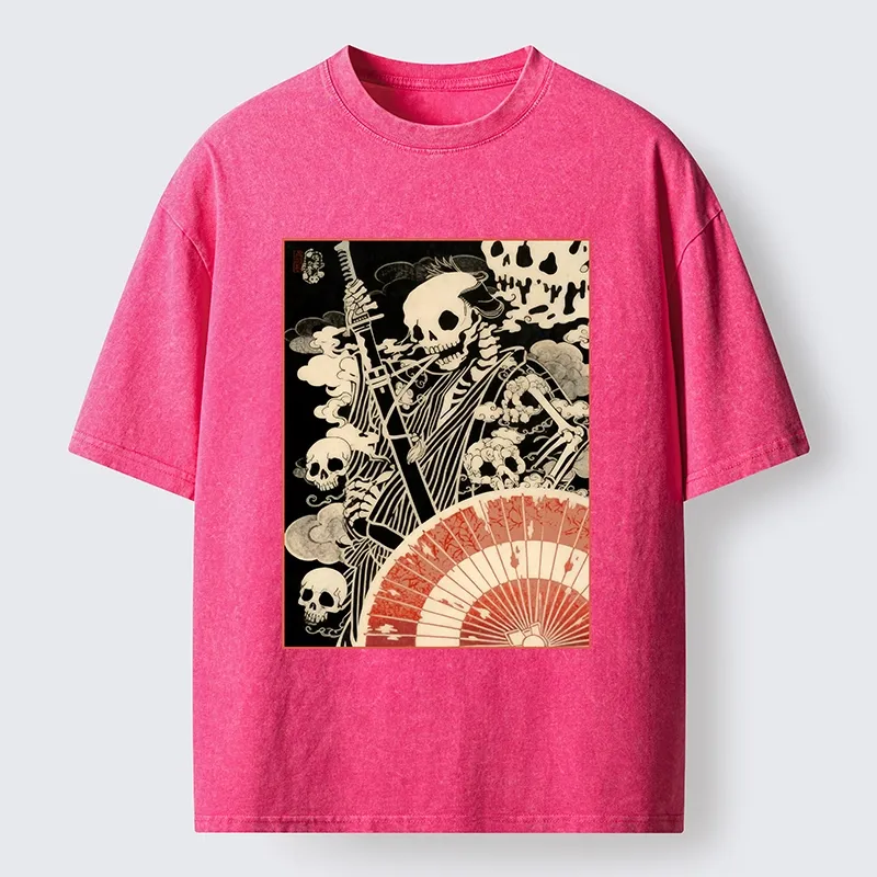 Tokyo-Tiger Dark Samurai Skeleton Art Washed T-Shirt