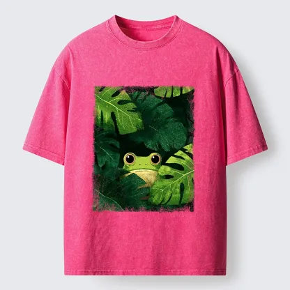 Tokyo-Tiger Frog Hiding in Green Leaves Washed T-Shirt