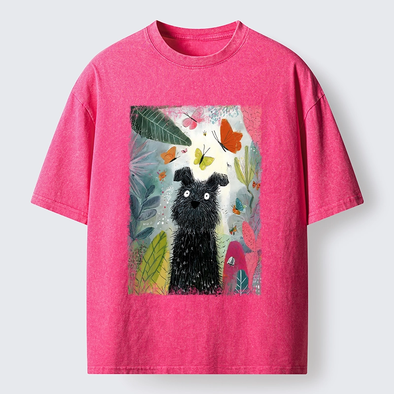 Tokyo-Tiger Black Dog Among Colorful Butterflies Washed T-Shirt