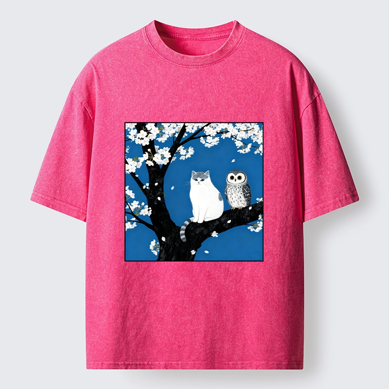 Tokyo-Tiger Cat and Owl Under Sakura Washed T-Shirt