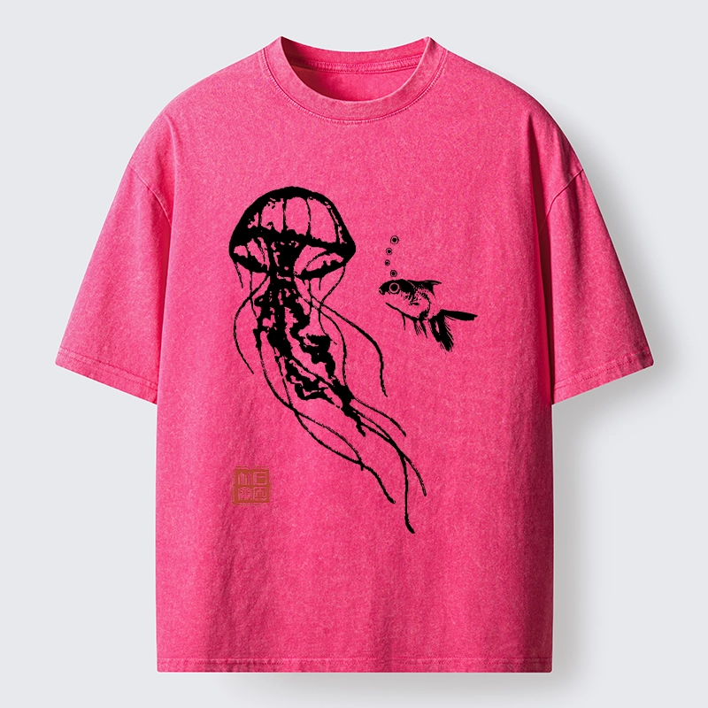 Tokyo-Tiger Ink Wash Jellyfish and Fish Washed T-Shirt