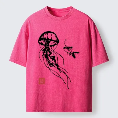Tokyo-Tiger Ink Wash Jellyfish and Fish Washed T-Shirt