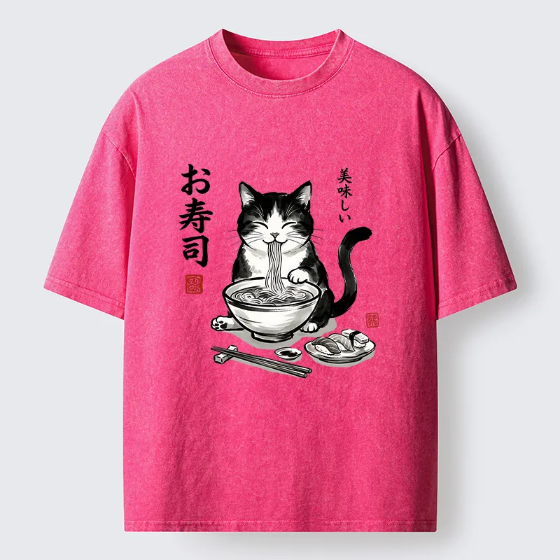 Tokyo-Tiger Cats Eat Japanese Food Washed T-Shirt Sale