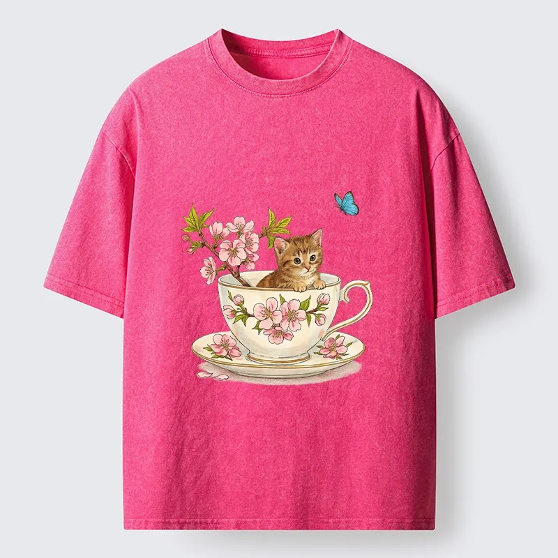 Tokyo-Tiger Cherry Blossom Teacup Kitten Washed T-Shirt