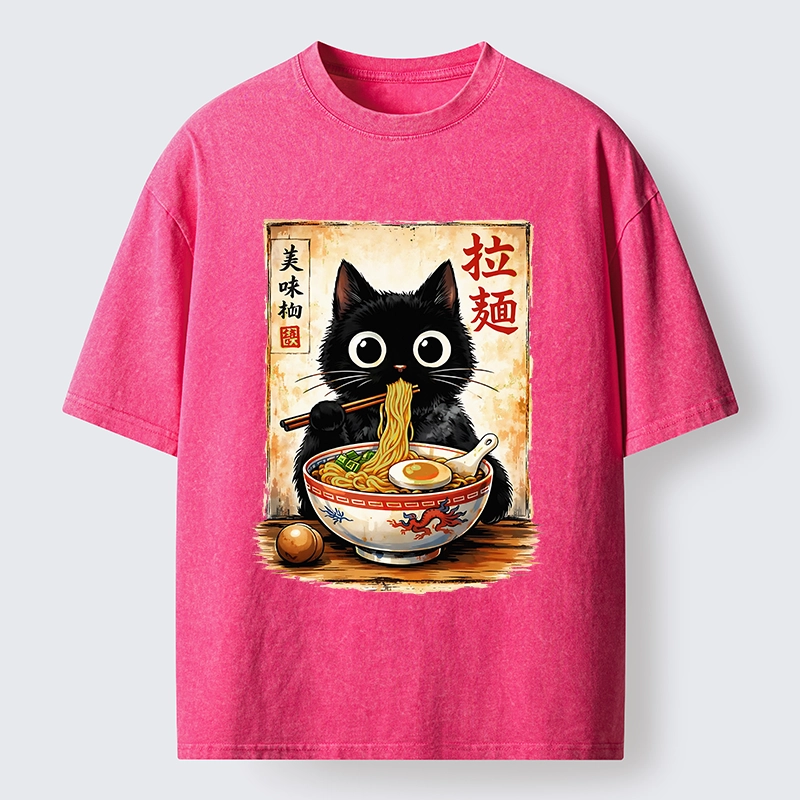 Tokyo-Tiger Cute Cat Slurping Ramen Washed T-Shirt