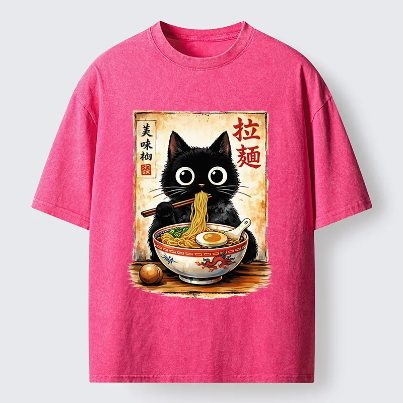 Tokyo-Tiger Cute Cat Slurping Ramen Washed T-Shirt