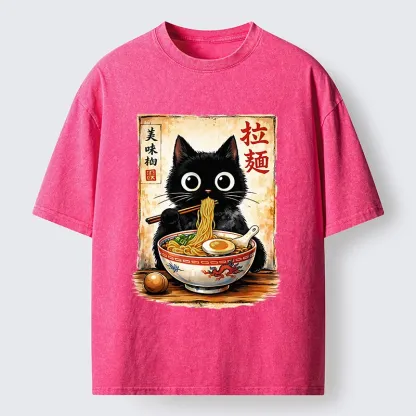 Tokyo-Tiger Cute Cat Slurping Ramen Washed T-Shirt