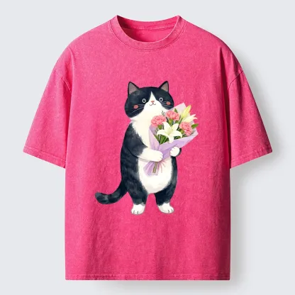 Tokyo-Tiger Sweet Cat Delivers Flowers Washed T-Shirt