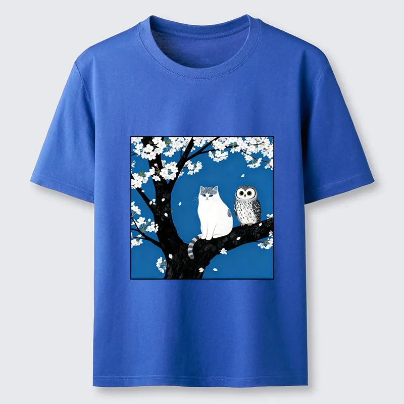 Tokyo-Tiger Cat And Owl Under Sakura Classic T-Shirt