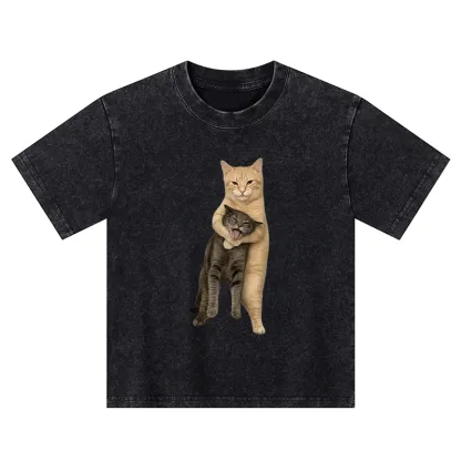 Tokyo-Tiger Orange Cat’s Tight Embrace Kids Washed T-Shirt