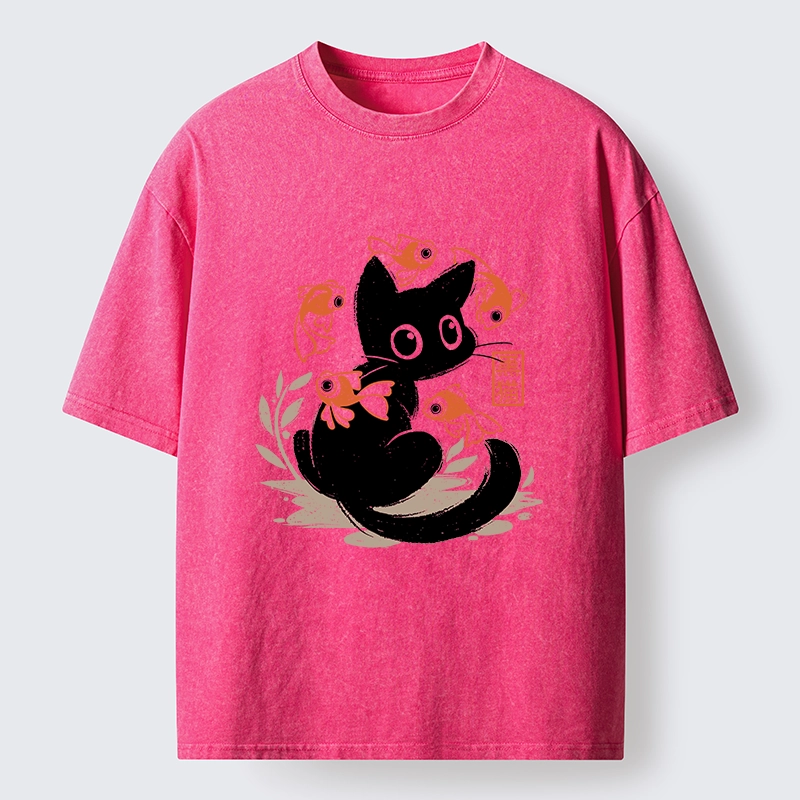 Tokyo-Tiger Curious Black Cat Among Fish Washed T-Shirt